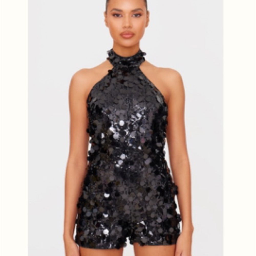 Glamorous Black Sequin Halter Romper